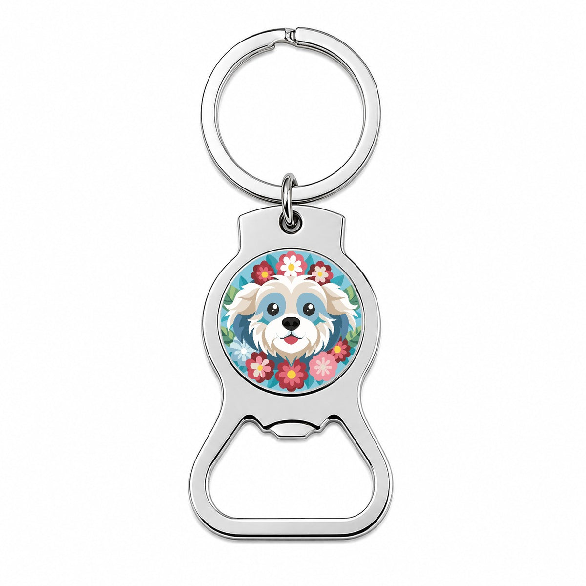 Cavachon Head Floral Dog Motif Blue Background Bottle Opener Keychain