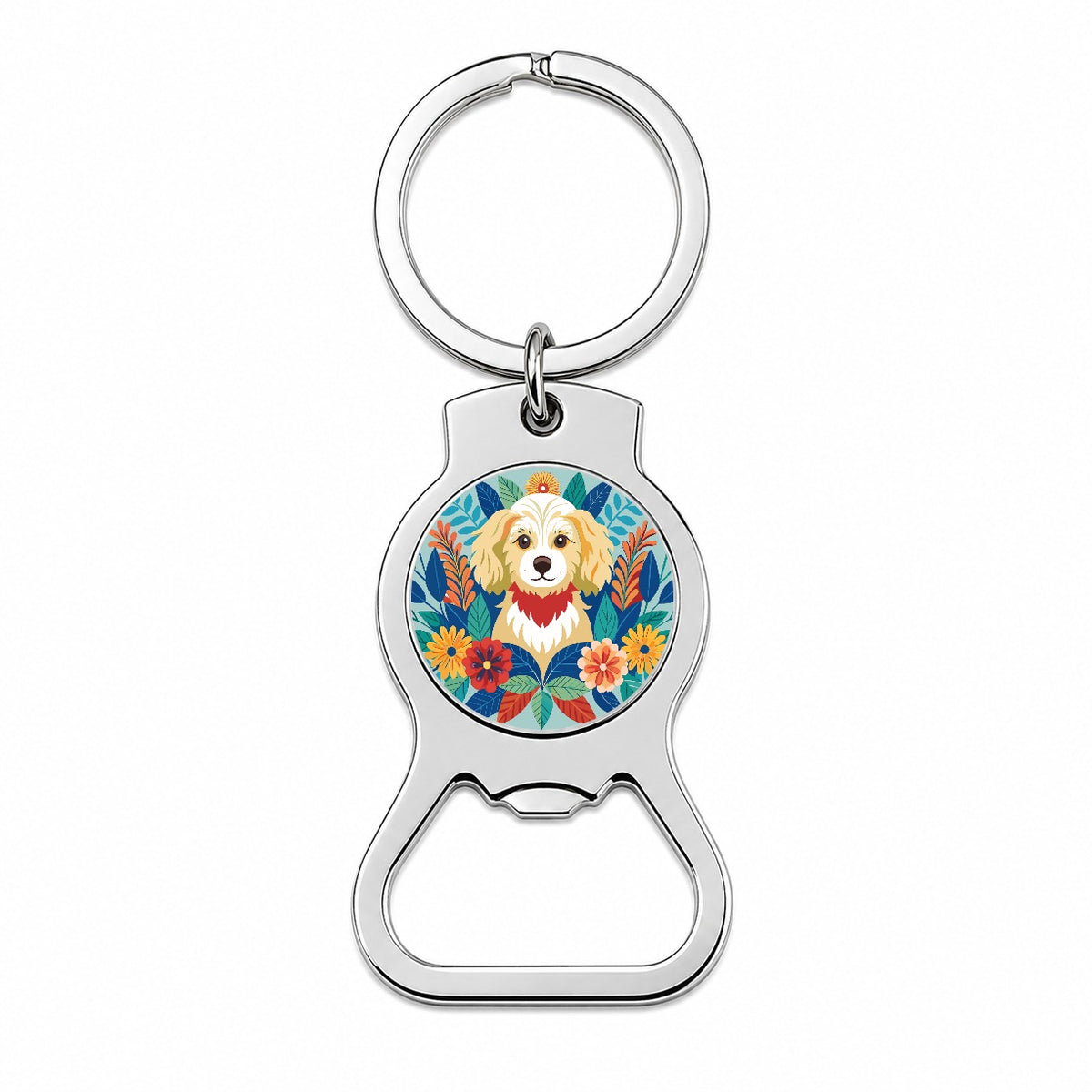 Cavapoo Floral Motif Dog Blue Bottle Opener Keychain