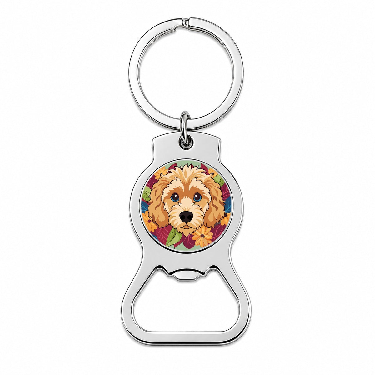 Cavapoo Head Floral Motif Dog Bottle Opener Keychain