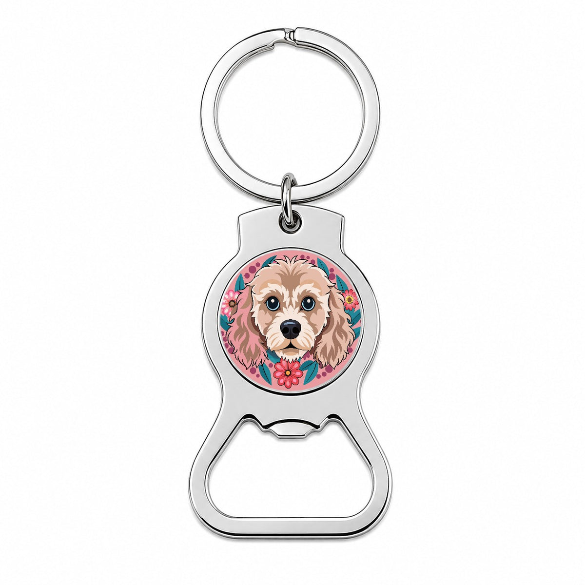 Cavapoo Head Floral Motif Pink Dog Bottle Opener Keychain