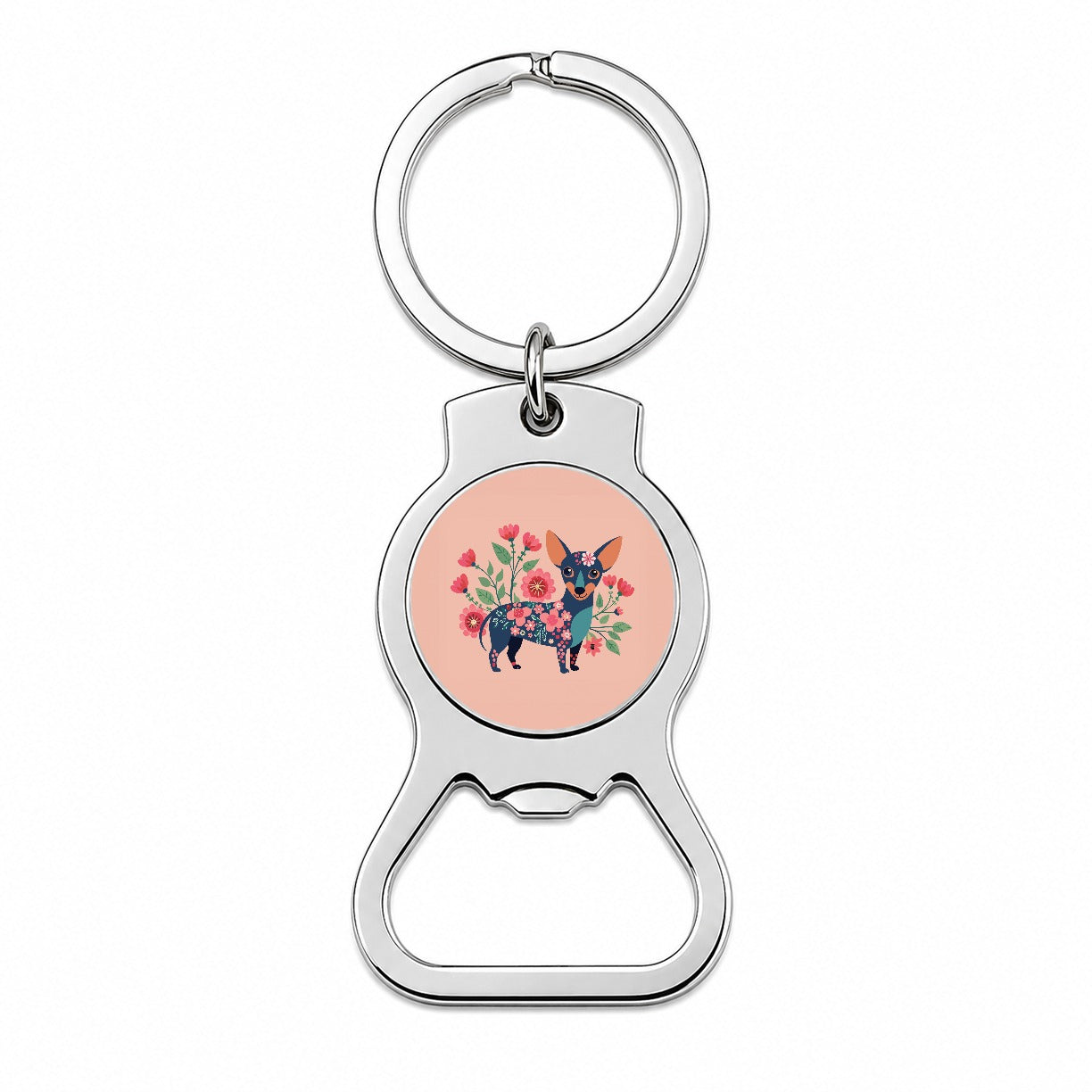 Chiweenie Floral Motif Pink Cute Dog Bottle Opener Keychain