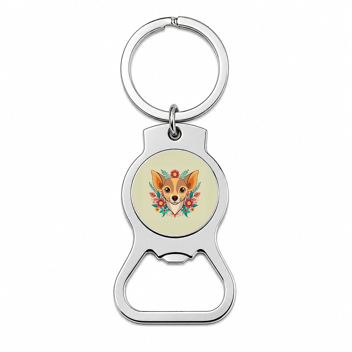 Chiweenie Head Floral Motif Dog Bottle Opener Keychain