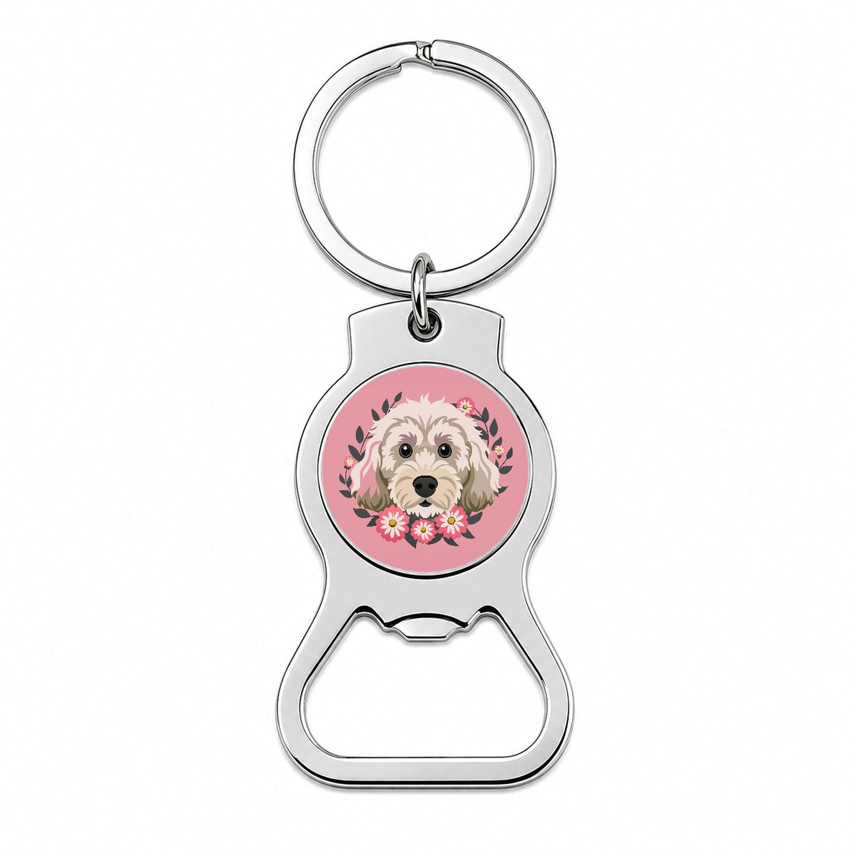 Cockapoo Head Floral Motif Light Pink Dog Bottle Opener Keychain