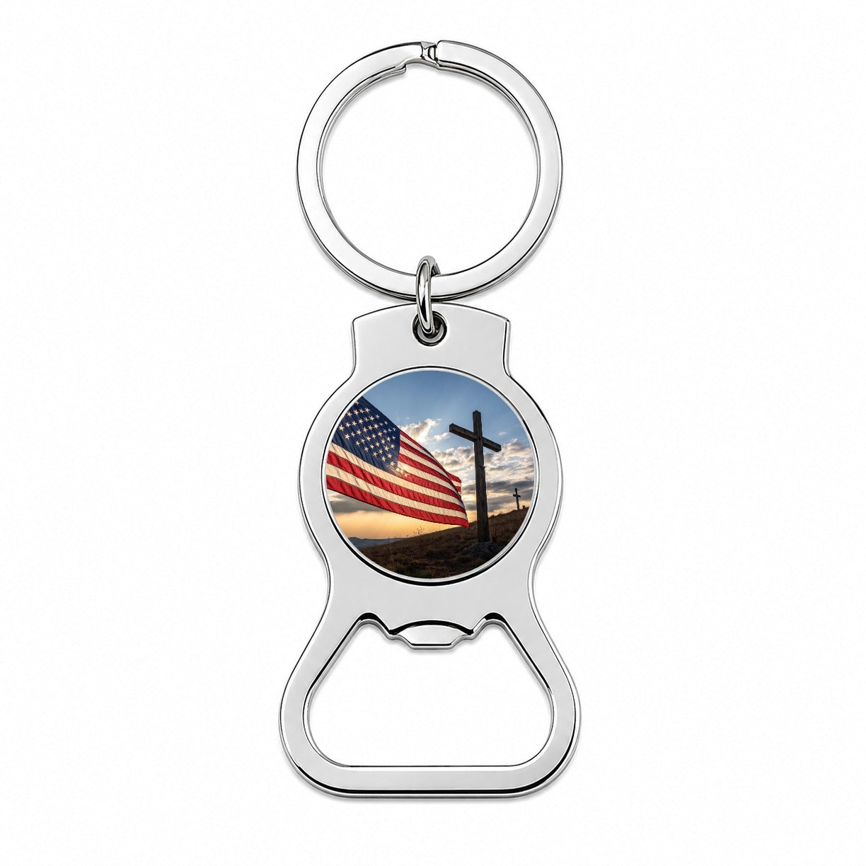 Cross Over American Flag USA United States Religious Bottle Opener Keychain