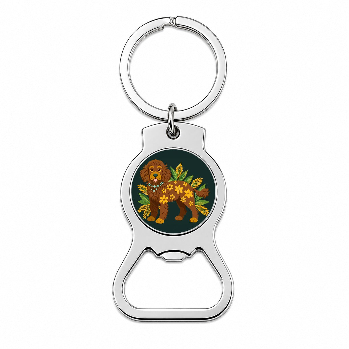 Dark Brown Golden Doodle Floral Motif Green Dog Bottle Opener Keychain