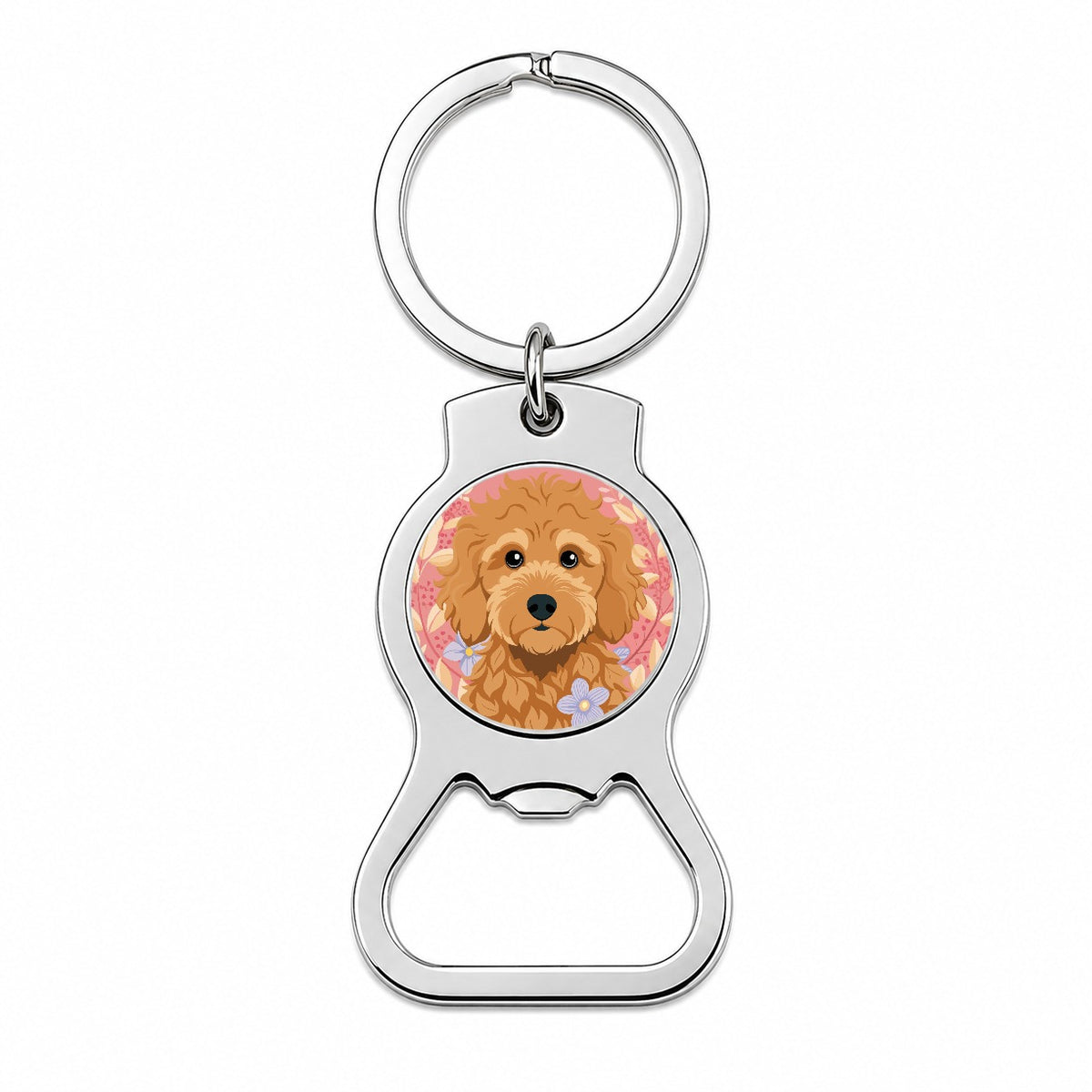 Golden Doodle Brown Head Floral Motif Pink Dog Bottle Opener Keychain