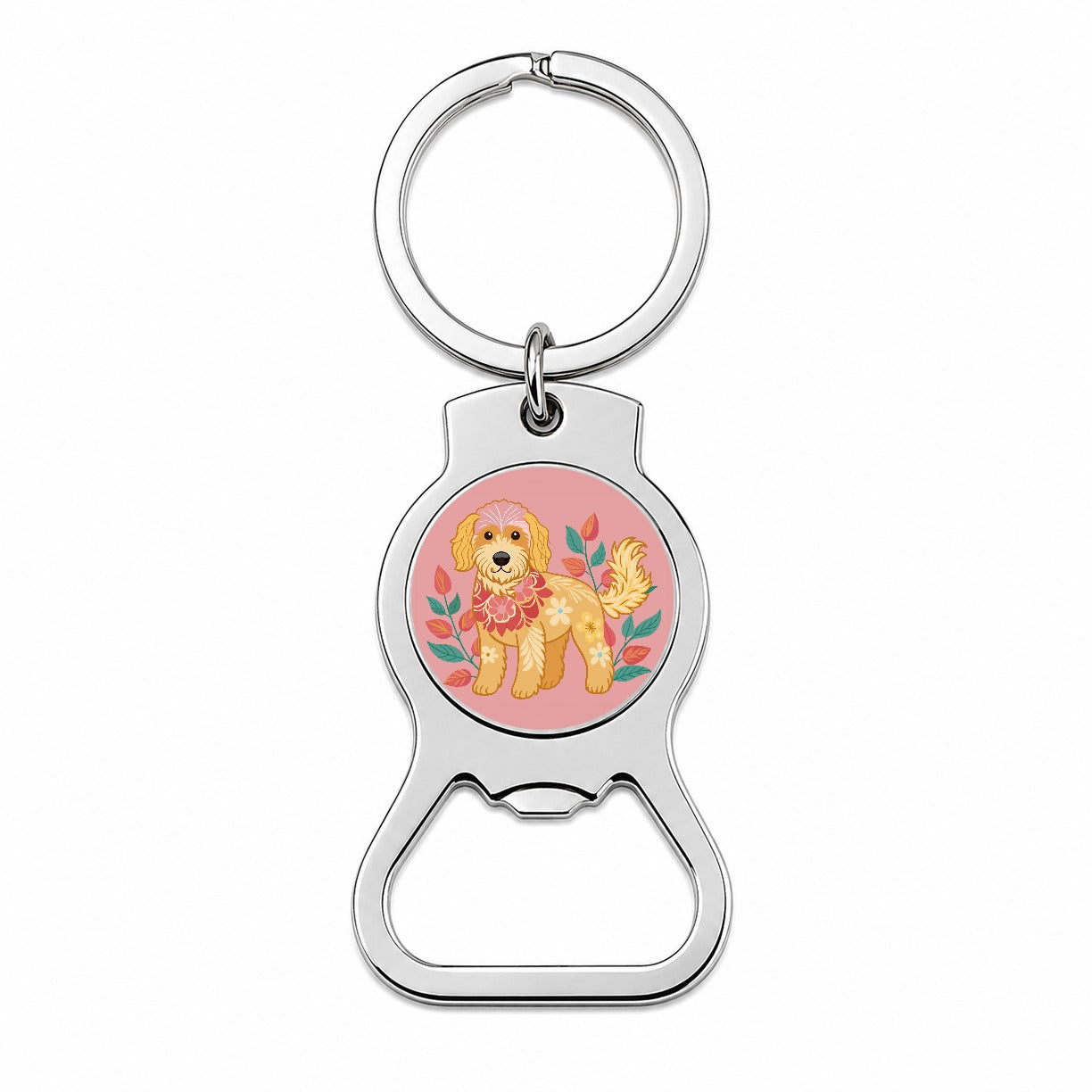 Golden Doodle Floral Motif Pink Dog Bottle Opener Keychain