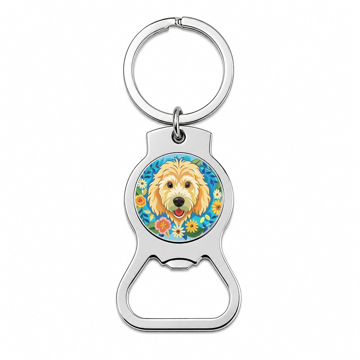 Golden Doodle Head Floral Motif Blue Background Dog Bottle Opener Keychain