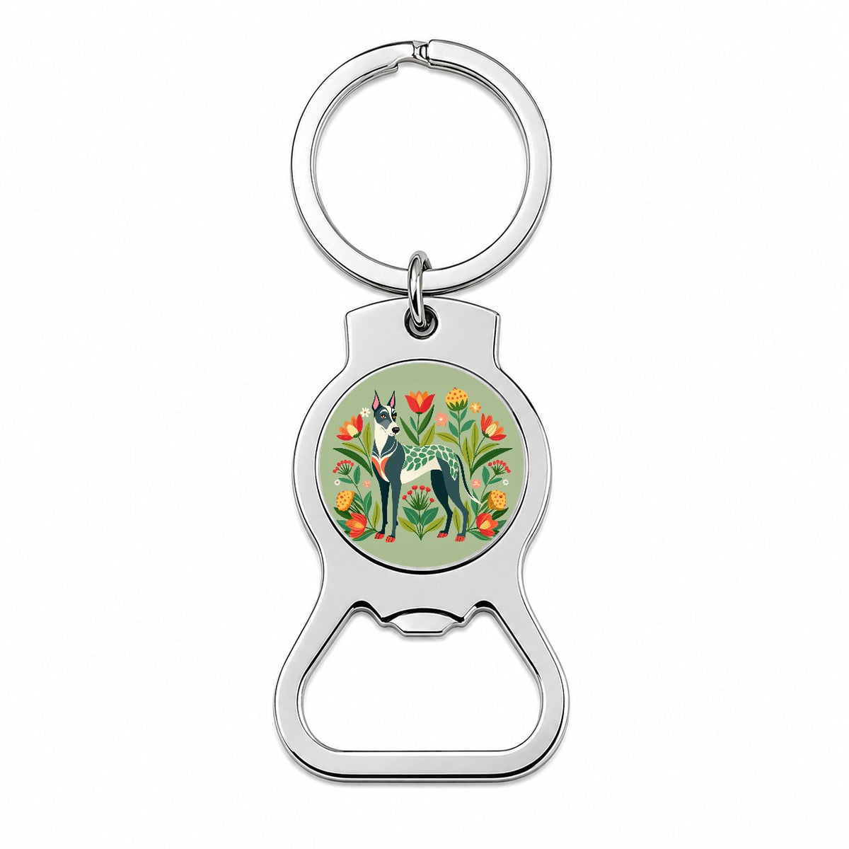 Great Dane Floral Motif Dog Standing Bottle Opener Keychain