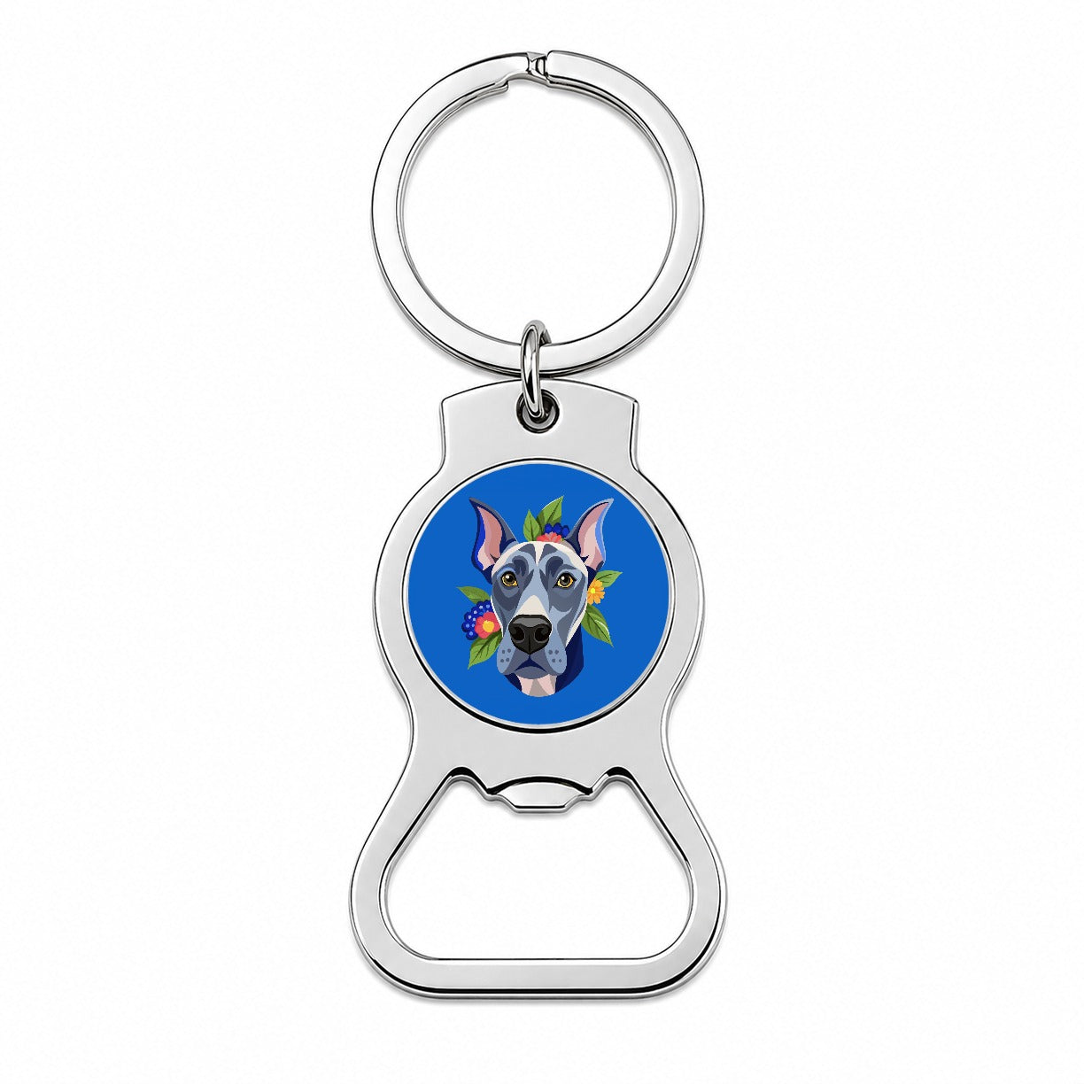Great Dane Head Floral Motif Blue Dog Bottle Opener Keychain