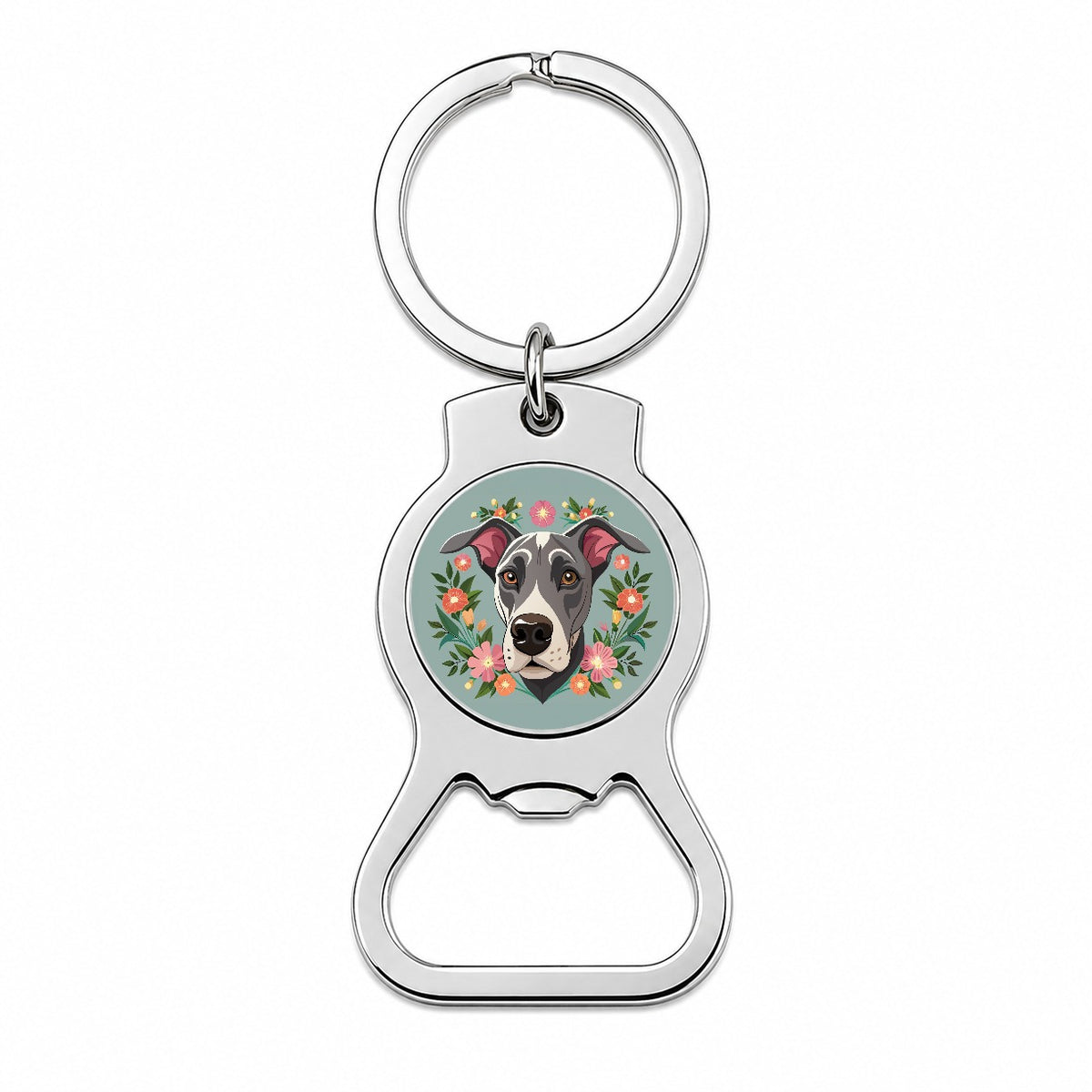 Great Dane Head Floral Motif Gray Dog Bottle Opener Keychain
