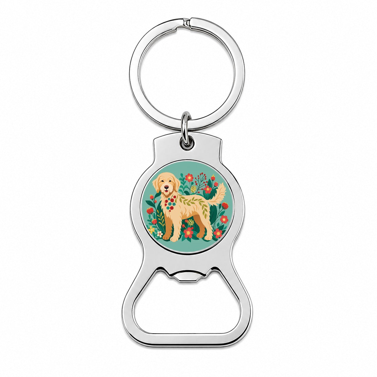 Labradoodle Floral Motif Tan Dog Bottle Opener Keychain
