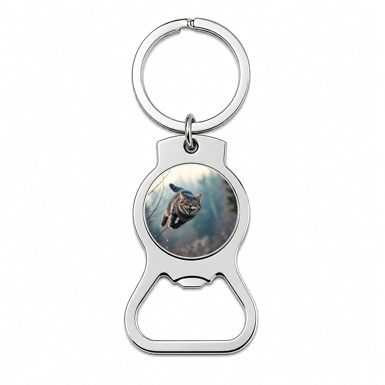 Leaping Funny Cat Grinning Bottle Opener Keychain