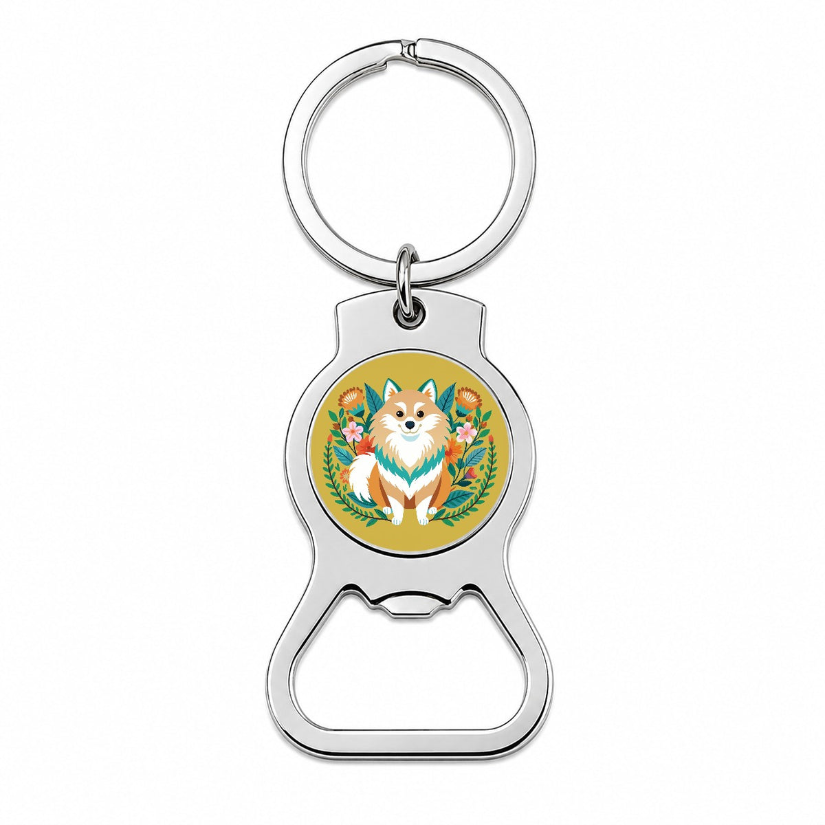 Pomsky Floral Motif Dog Bottle Opener Keychain