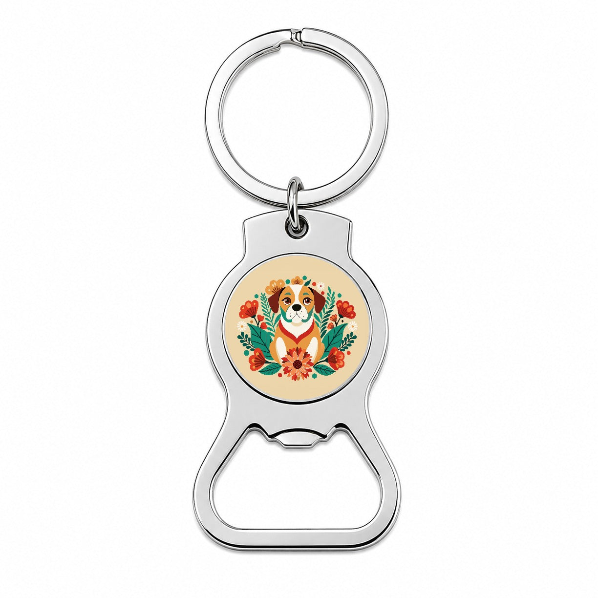 Puggle Floral Motif Dog Bottle Opener Keychain