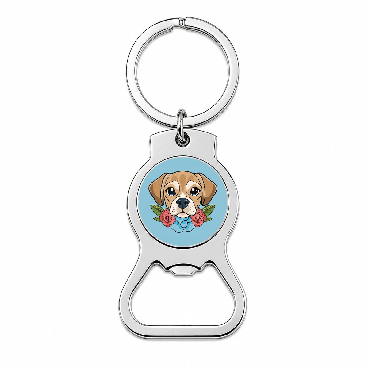 Puggle Head Floral Motif Blue Dog Bottle Opener Keychain