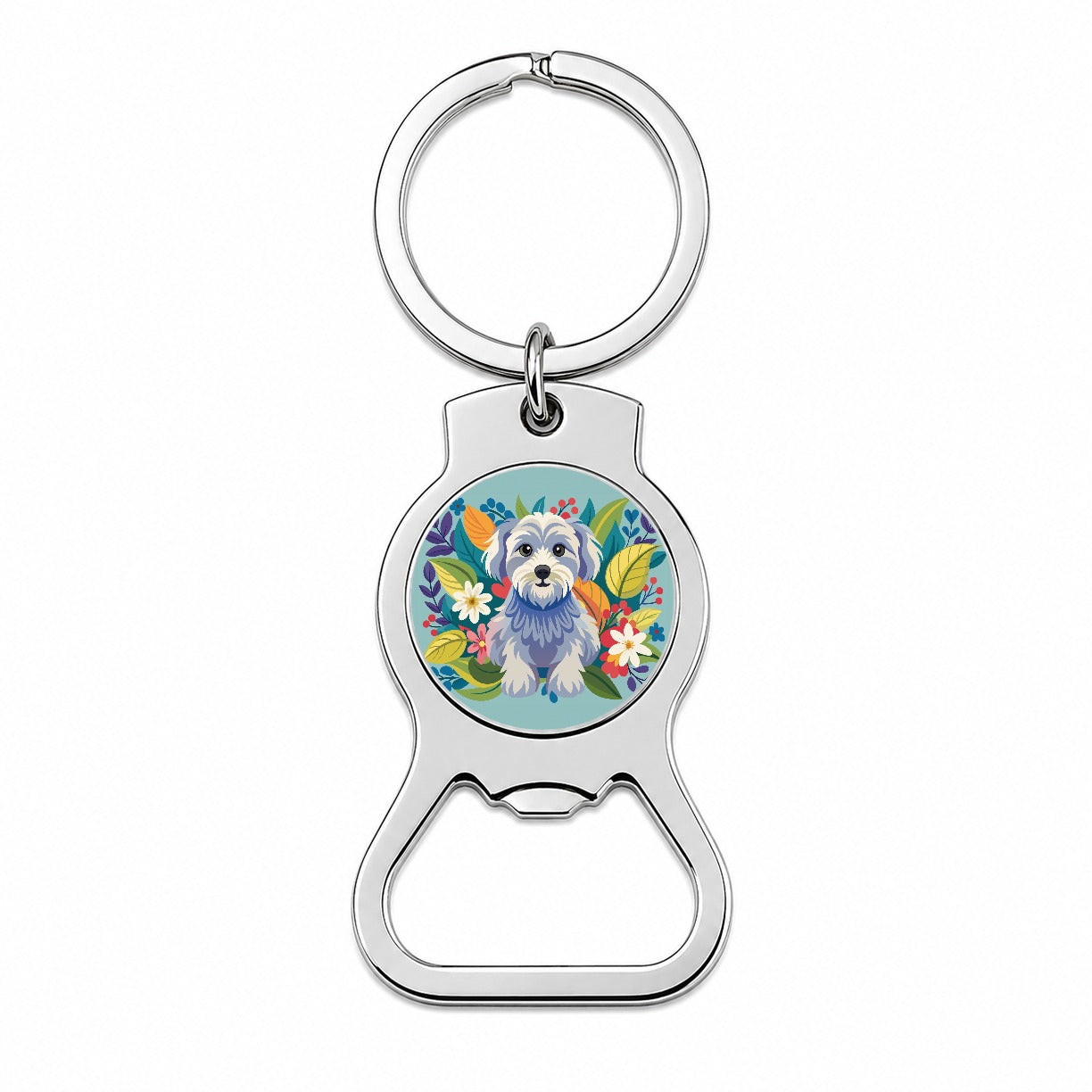 Schnoodle Floral Motif Blue Dog Bottle Opener Keychain