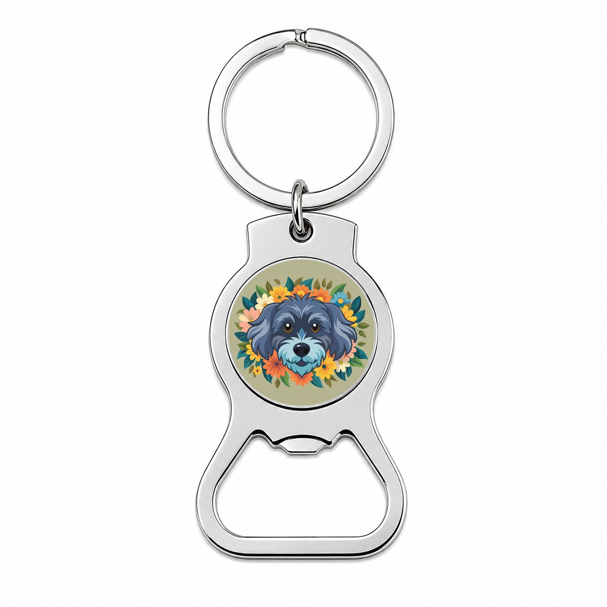 Schnoodle Head Floral Motif Dog Bottle Opener Keychain