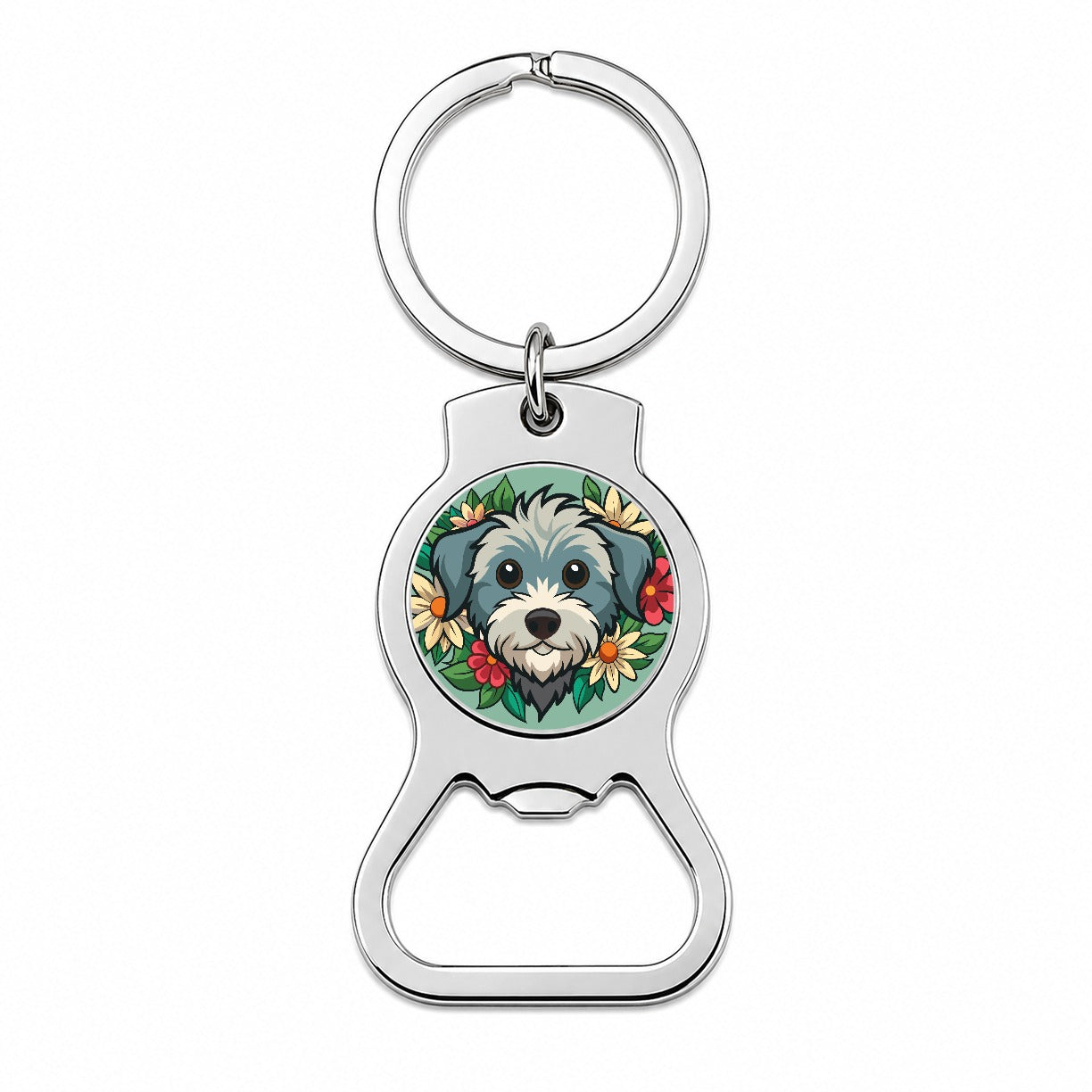 Schnoodle Head Floral Motif Green Dog Bottle Opener Keychain