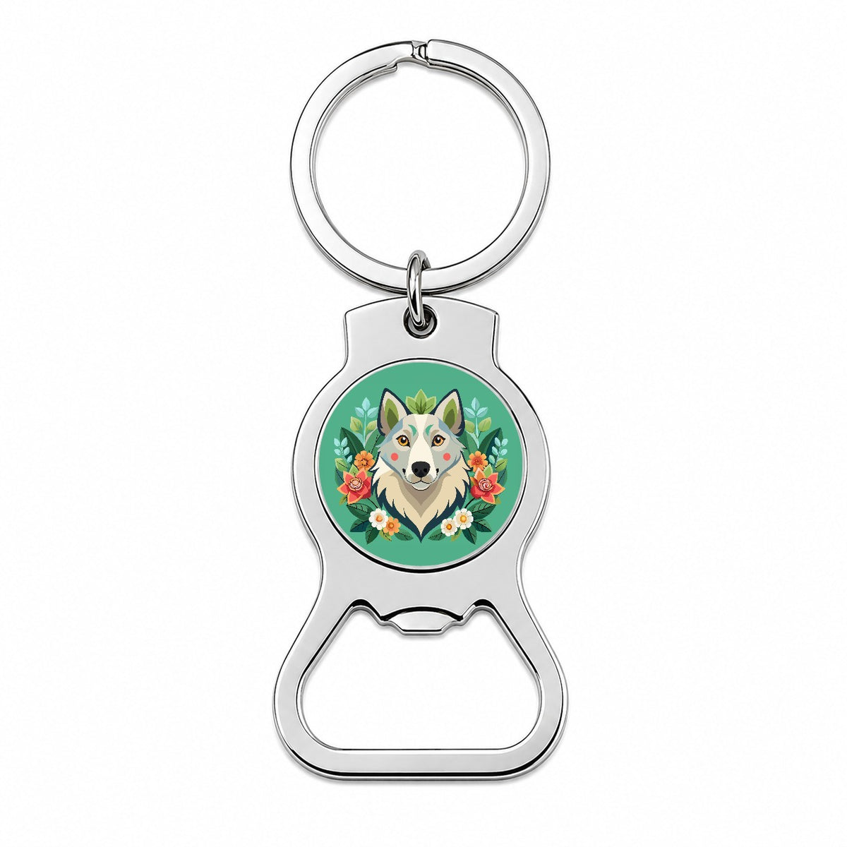 Siberian Retriever Head Floral Motif Green Dog Bottle Opener Keychain