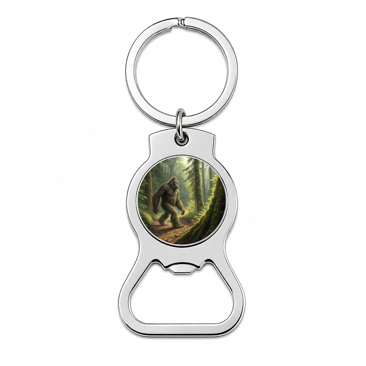 Bigfoot Hiking In Forest Bottle Opener Keychain