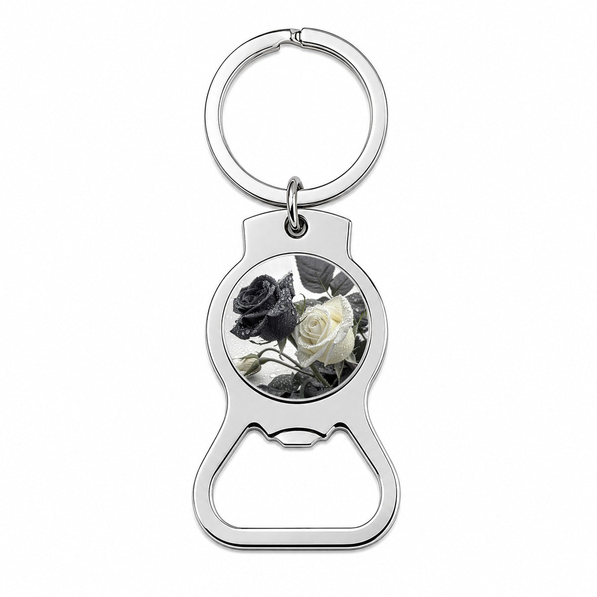 Black White Roses Dewy Bottle Opener Keychain