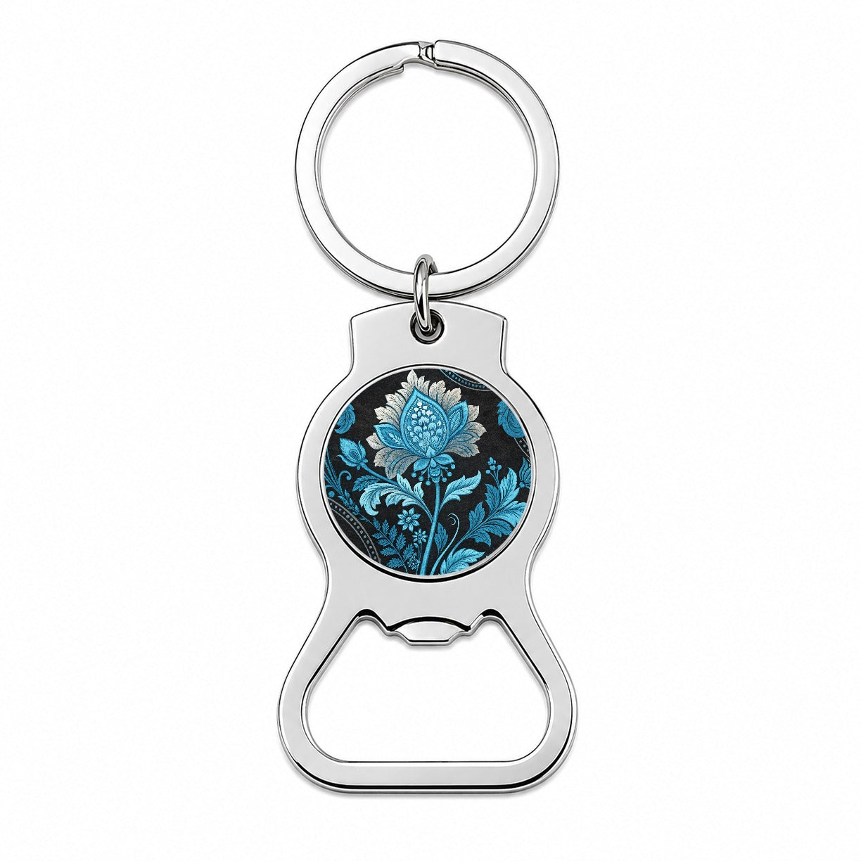 Blue Damask On Black Bottle Opener Keychain