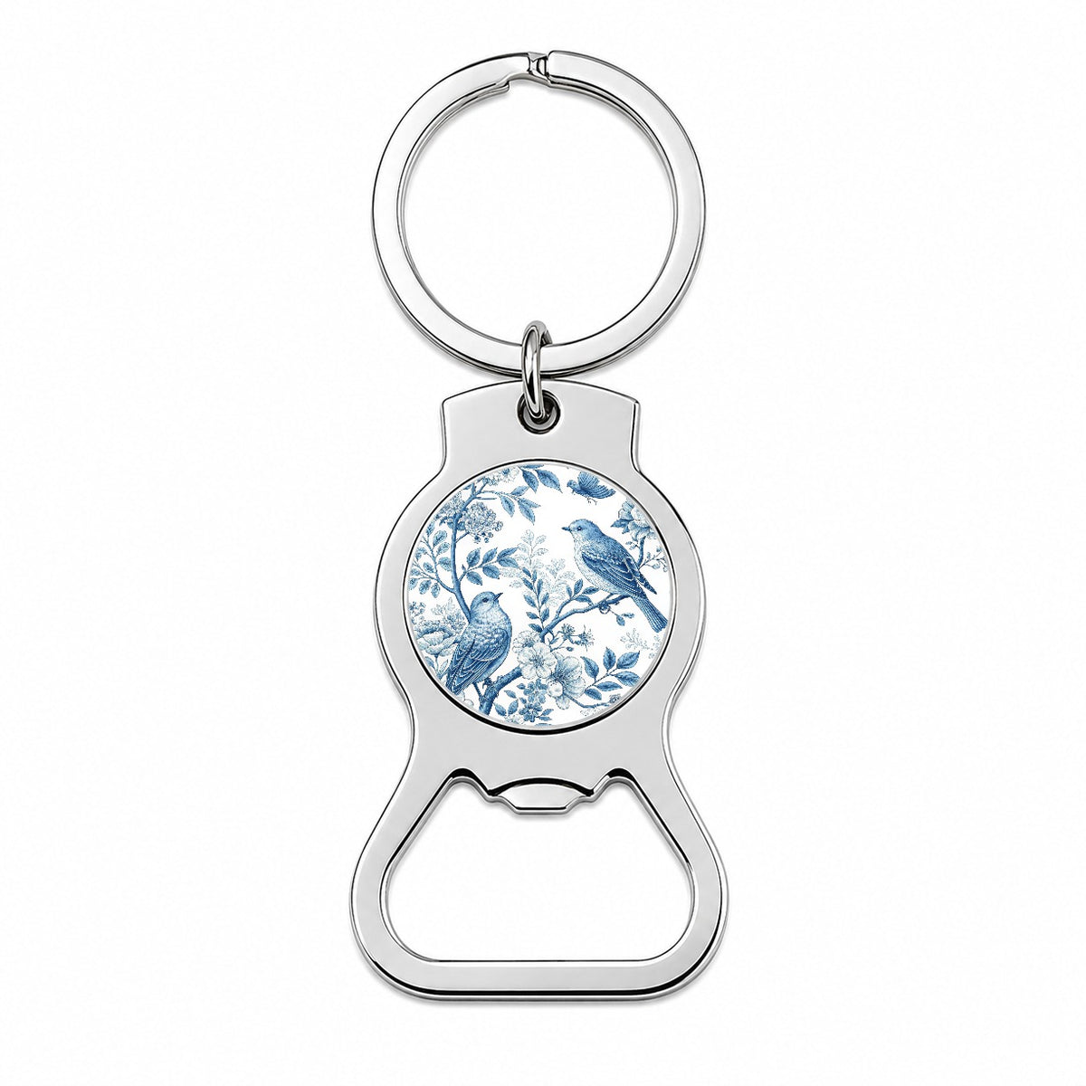 Blue On White Toile With Birds Bottle Opener Keychain