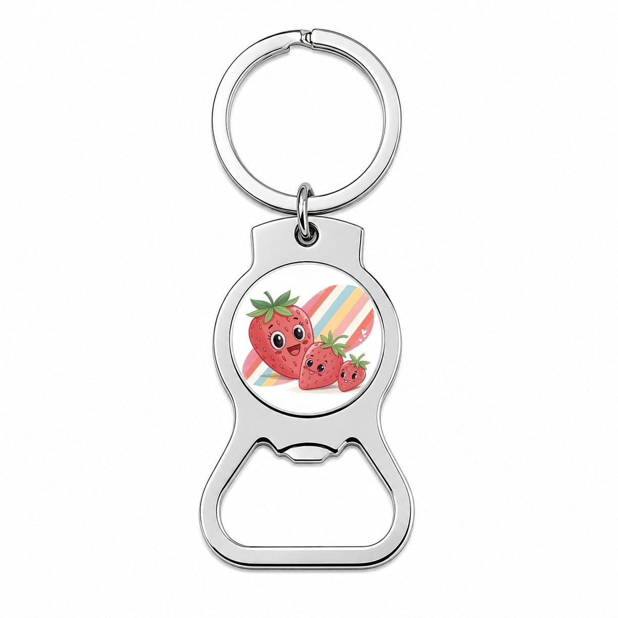 Kawaii Strawberries Diagonal Stripes Bottle Opener Keychain