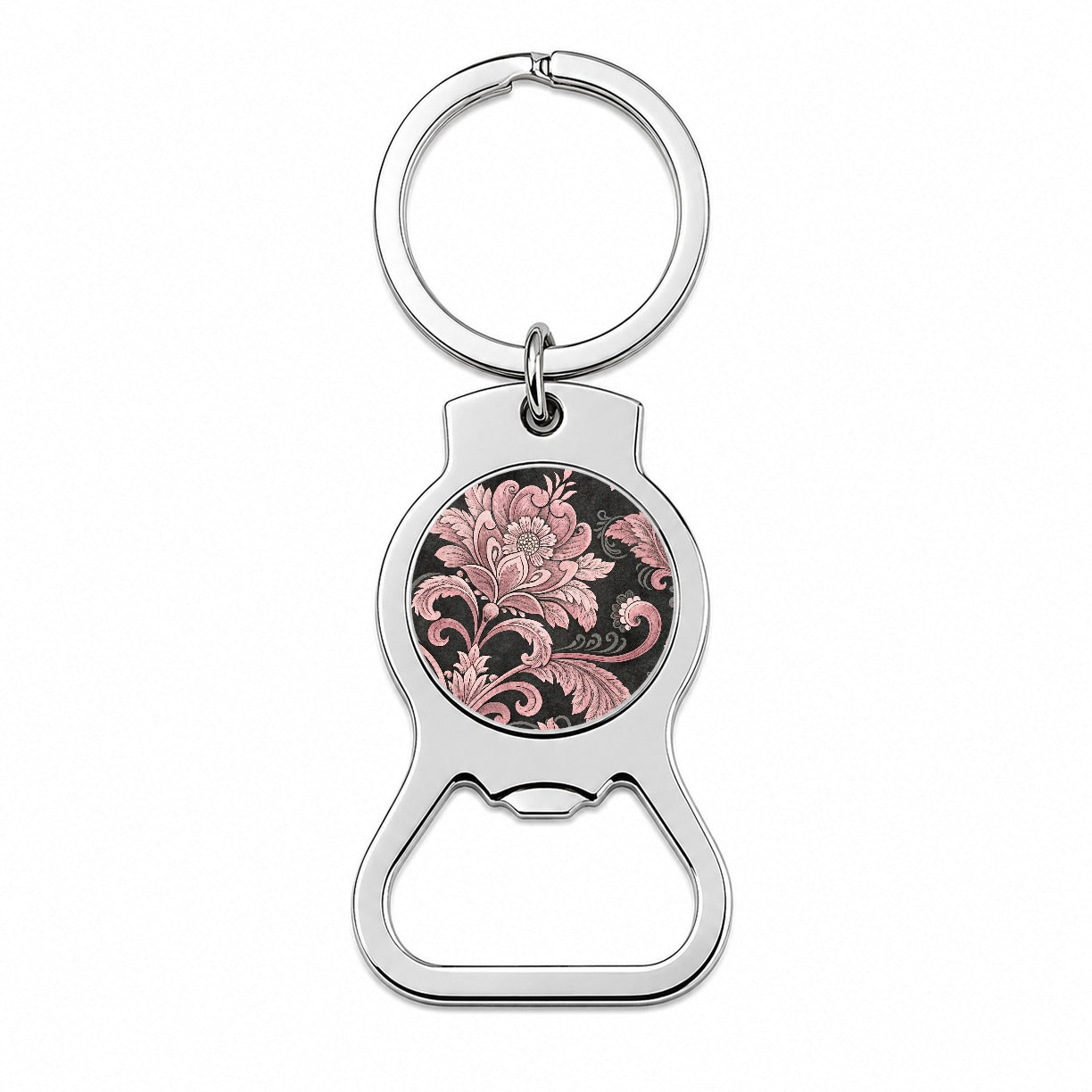 Pink Damask On Black Bottle Opener Keychain