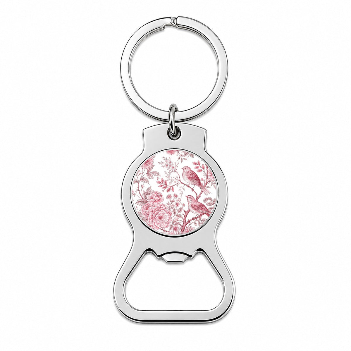 Pink On White Toile With Birds Bottle Opener Keychain