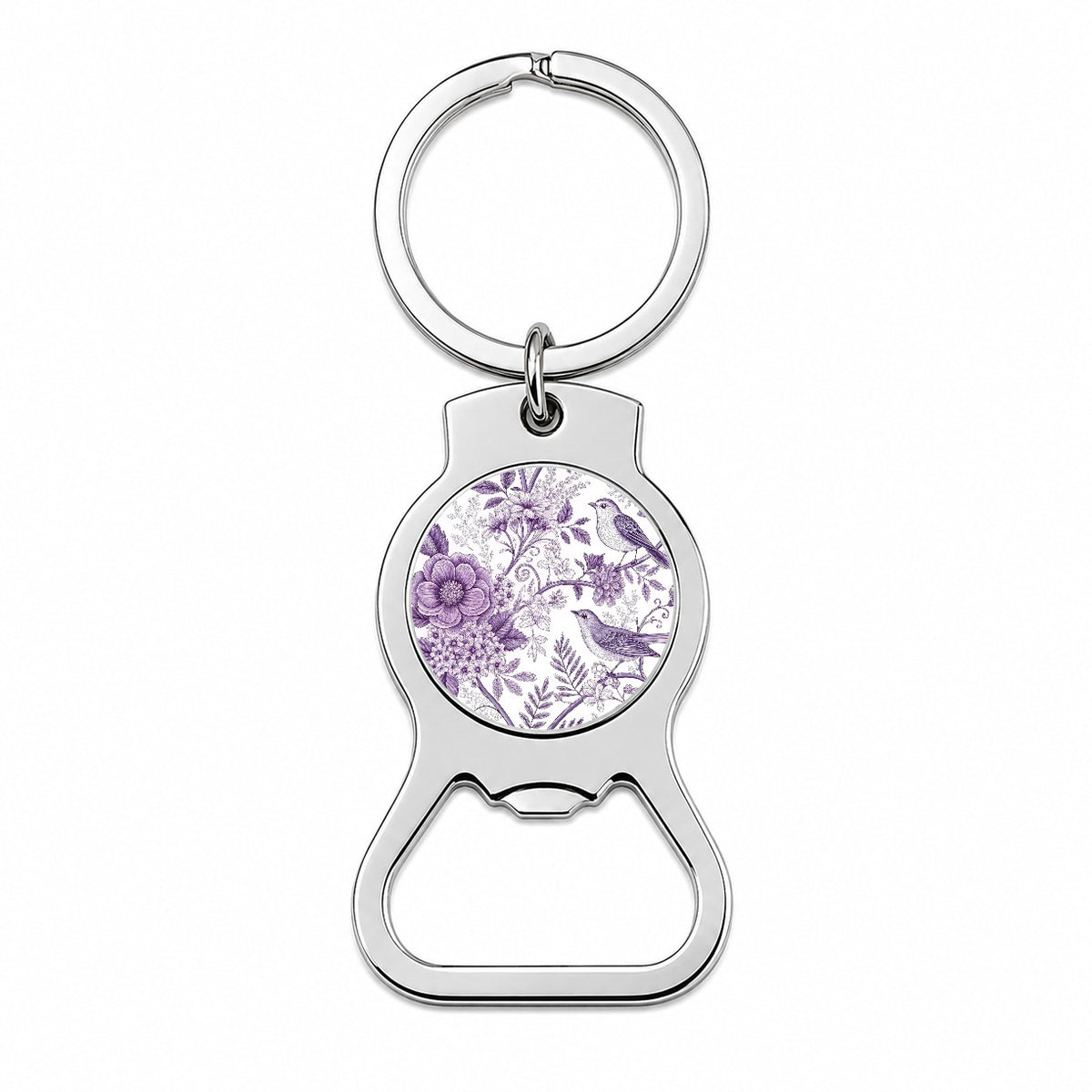 Purple On White Toile With Birds Bottle Opener Keychain