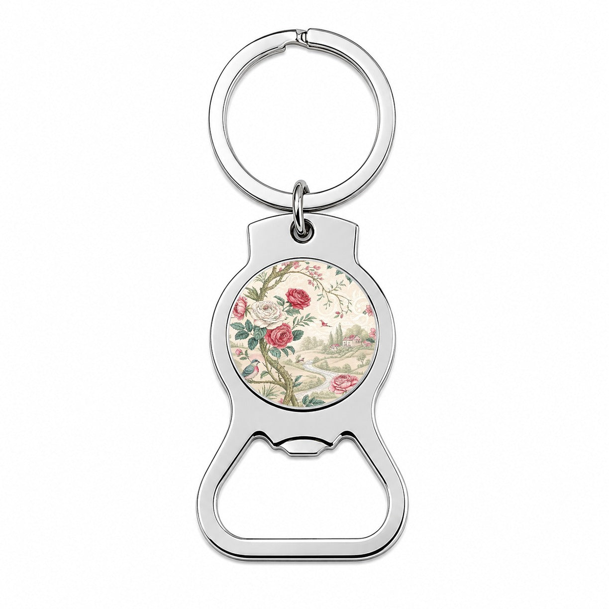 Toile Pattern Flowers Birds Bottle Opener Keychain