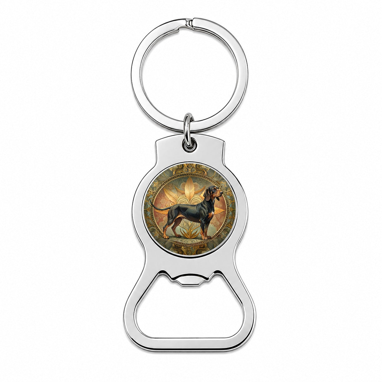 Black And Tan Coonhound Dog Art Nouveau Bottle Opener Keychain