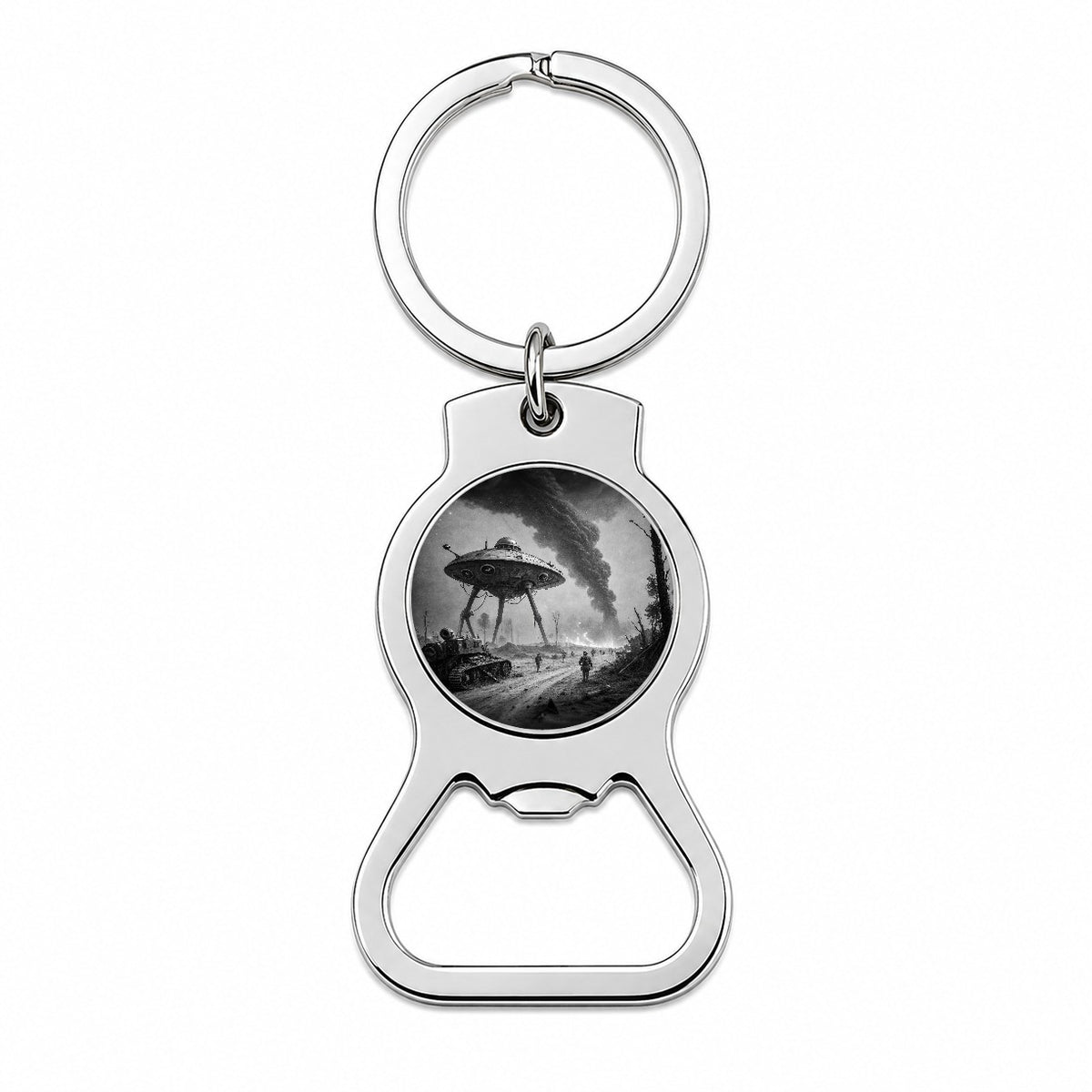 Martian Alien Invasion Tripod War Machine Retro Black and White Bottle Opener Keychain