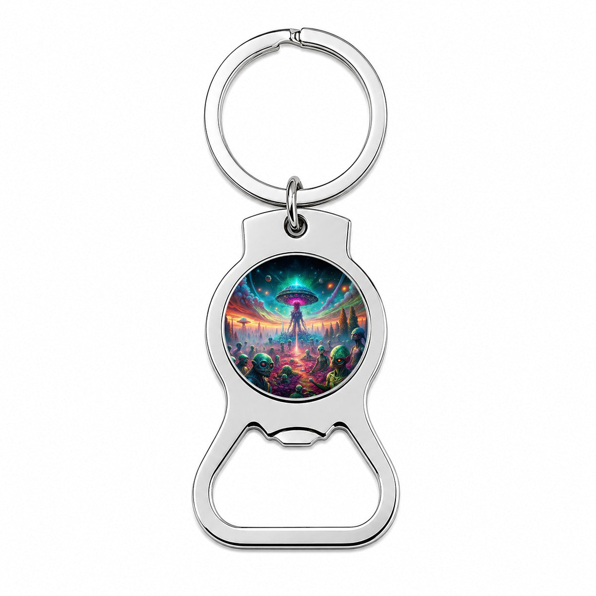 Psychedelic Alien Invasion Vibrant Colors Bottle Opener Keychain