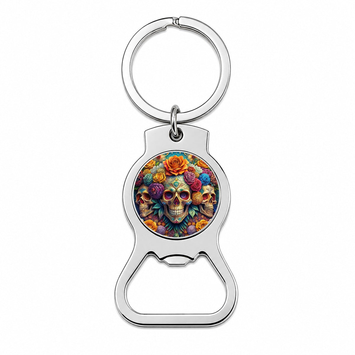 Psychedelic Colorful Skulls Flowers And Roses Bottle Opener Keychain