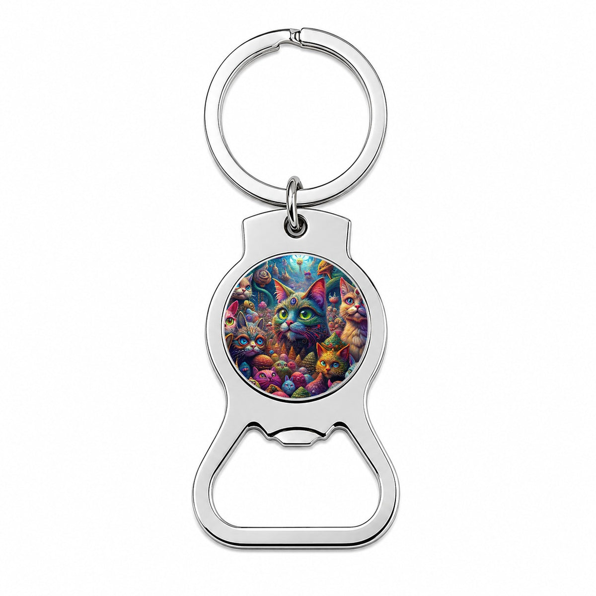 Psychedelic Lots of Cats Vibrant Colors Bottle Opener Keychain