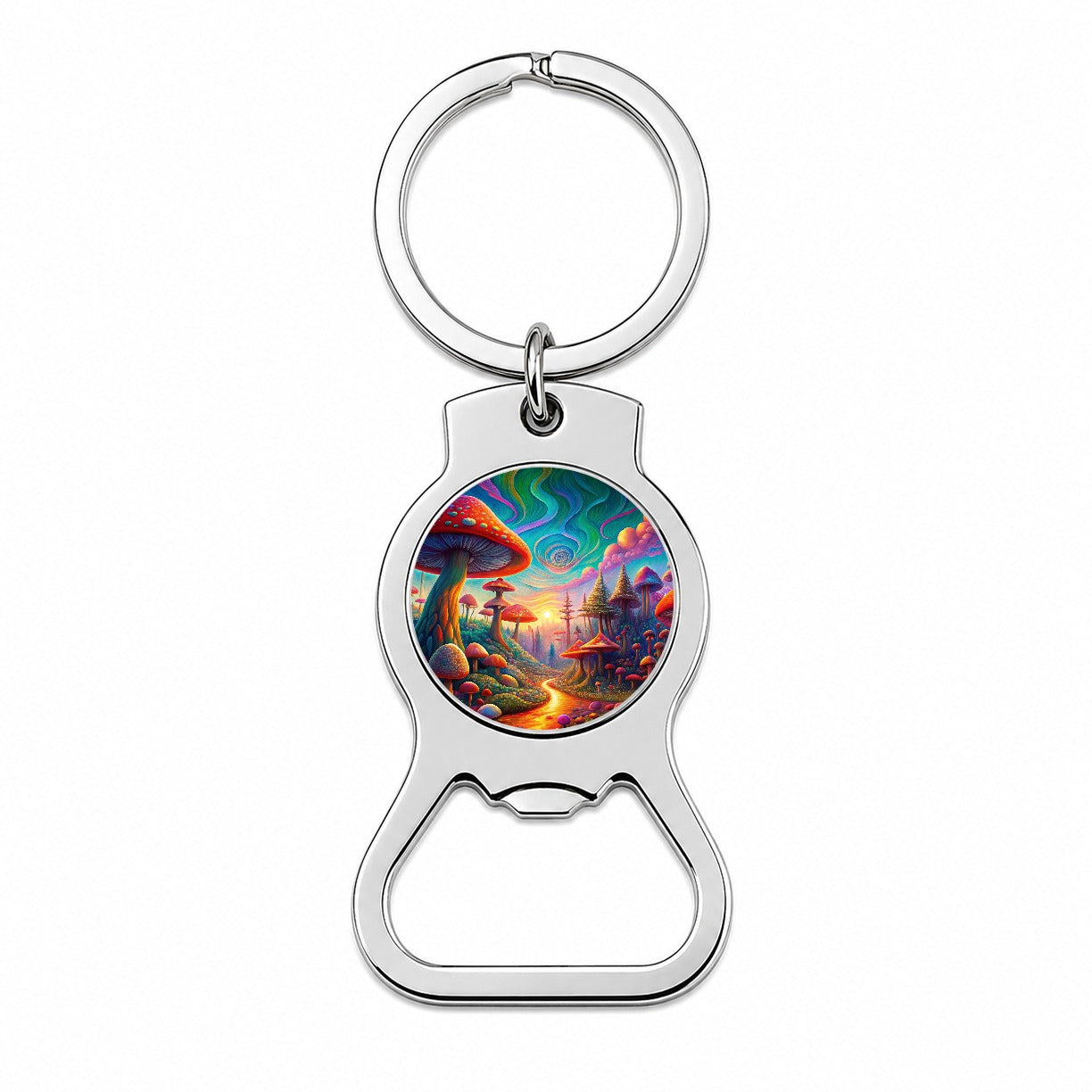 Psychedelic Lots of Mushrooms Vibrant Colors Bottle Opener Keychain