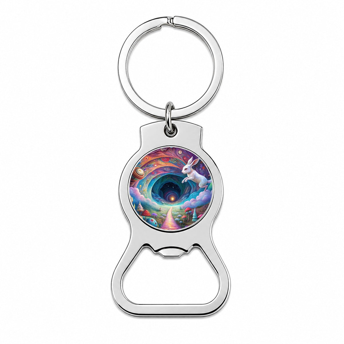 Psychedelic Wonderland White Rabbit Going Down The Hole Bottle Opener Keychain