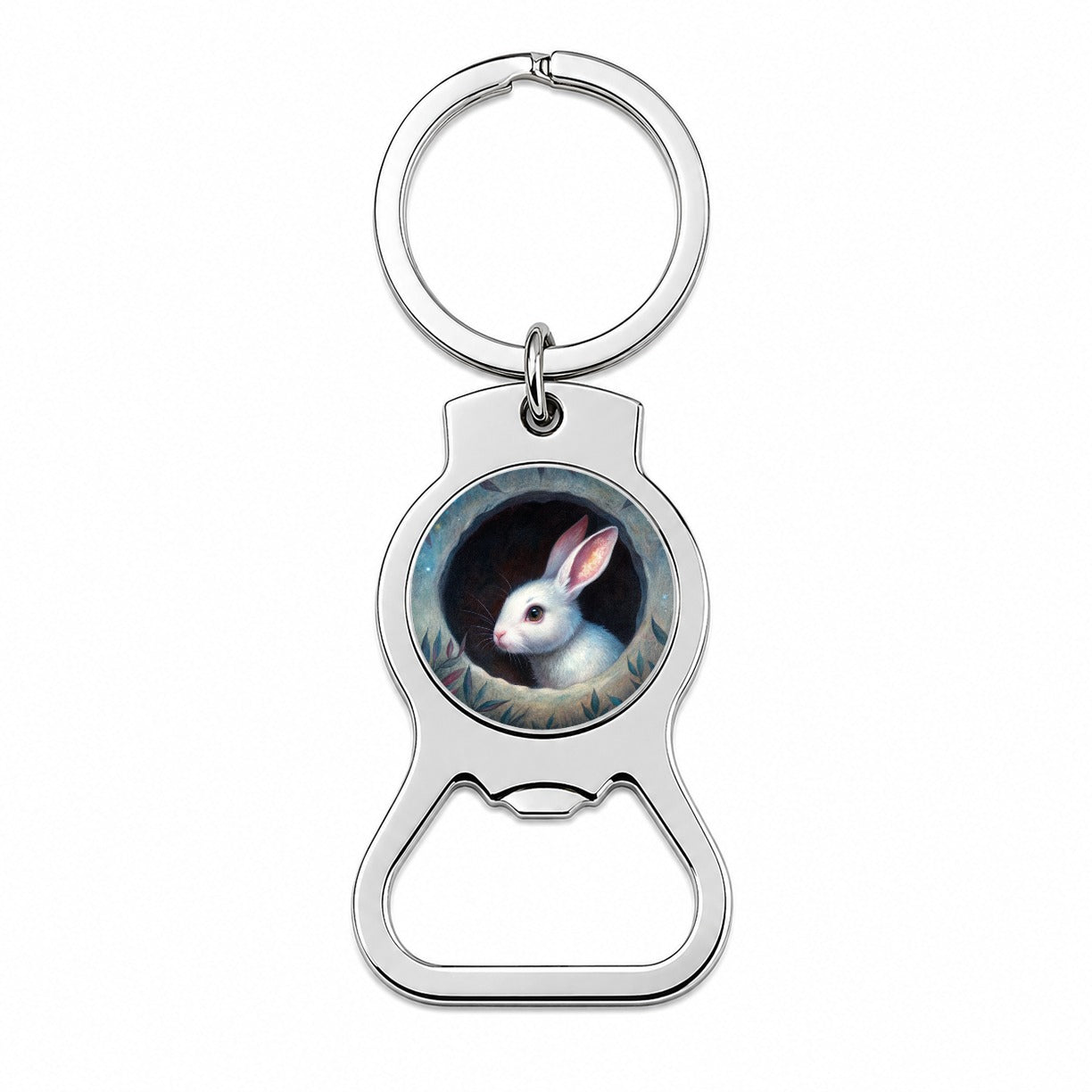 White Rabbit Bunny In A Dark Hole Bottle Opener Keychain