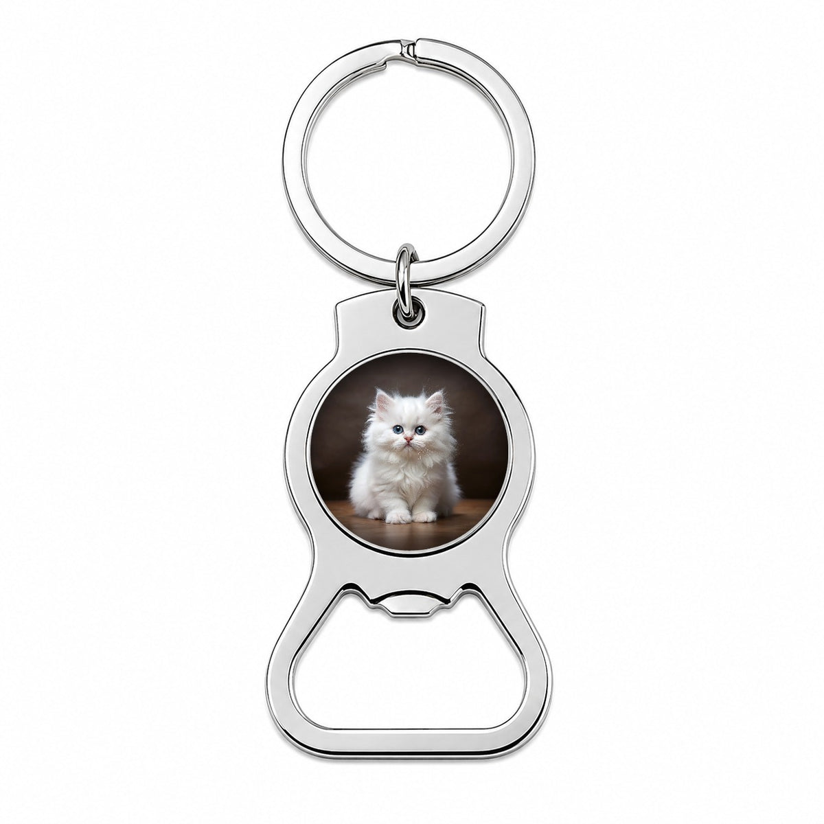 British Longhair White Cat Kitten Photo Bottle Opener Keychain