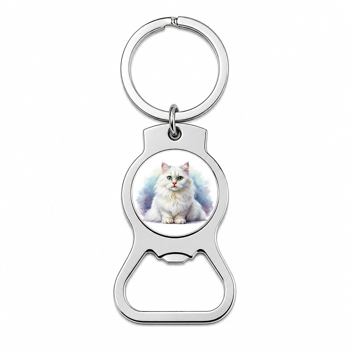 British Longhair White Cat Watercolor Style Bottle Opener Keychain