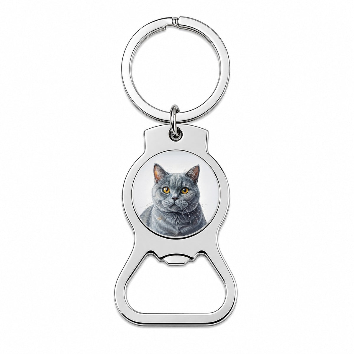 British Shorthair Gray Cat Illustration Bottle Opener Keychain