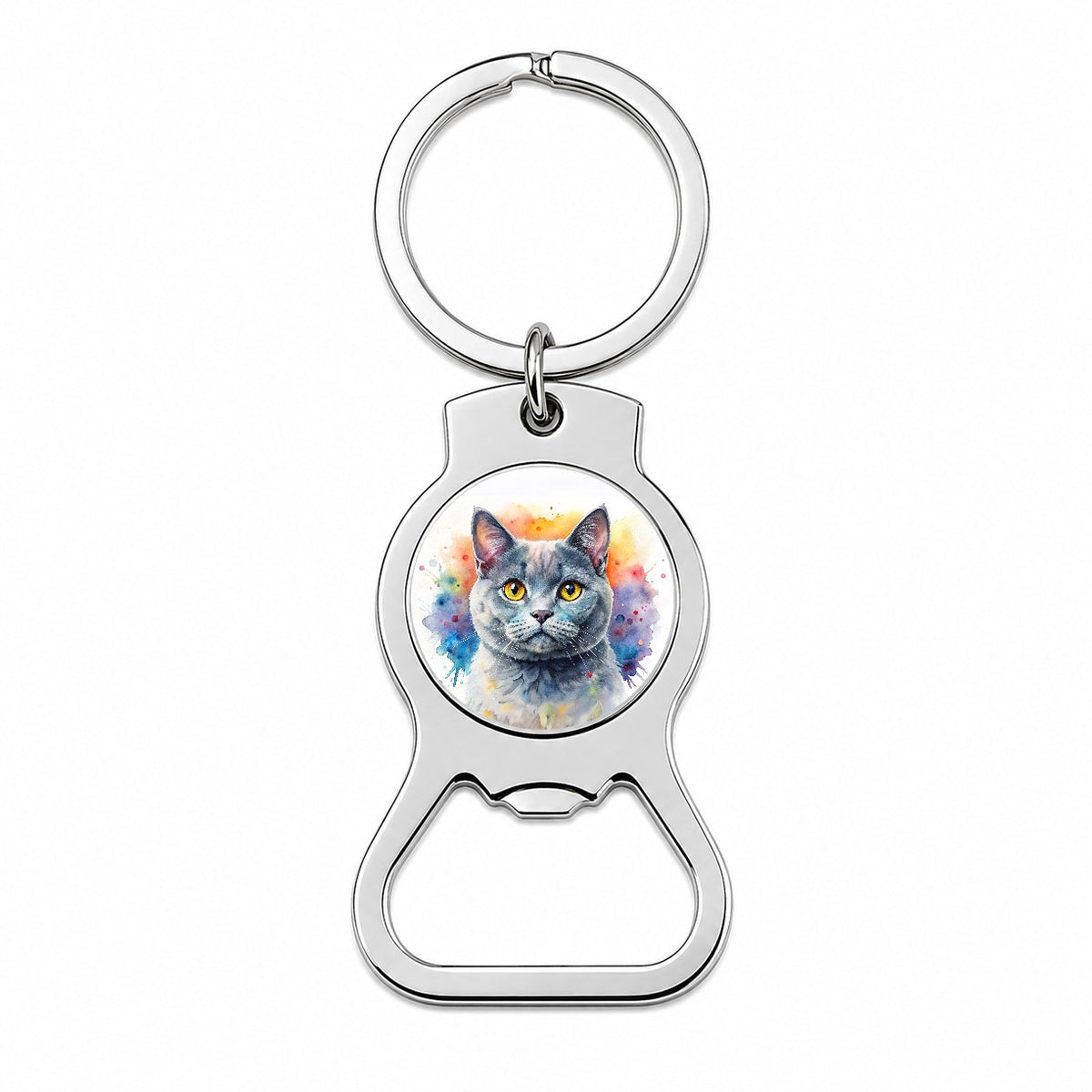 British Shorthair Gray Cat Watercolor Style Bottle Opener Keychain