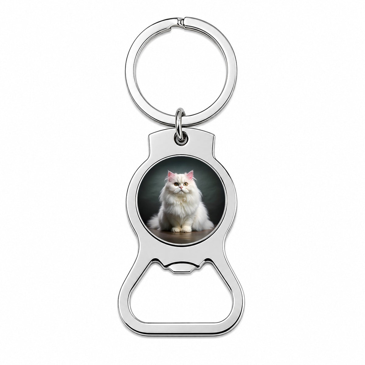 Classic Persian White Cat Photo Bottle Opener Keychain