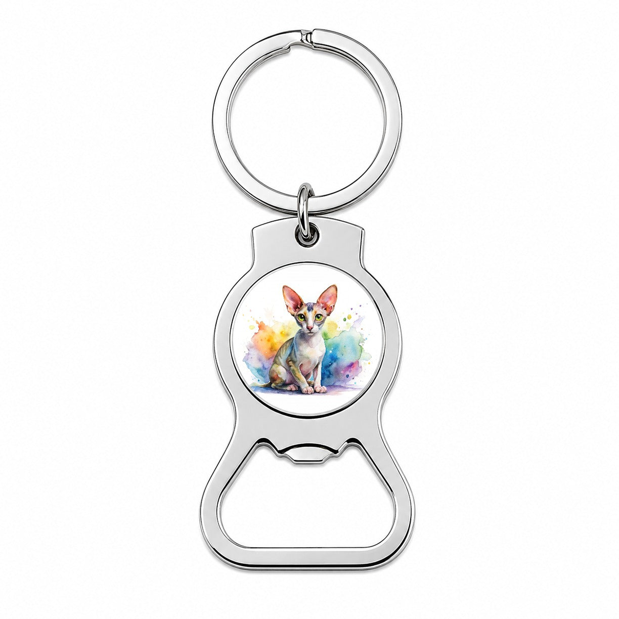 Cornish Rex Cat Watercolor Style Bottle Opener Keychain
