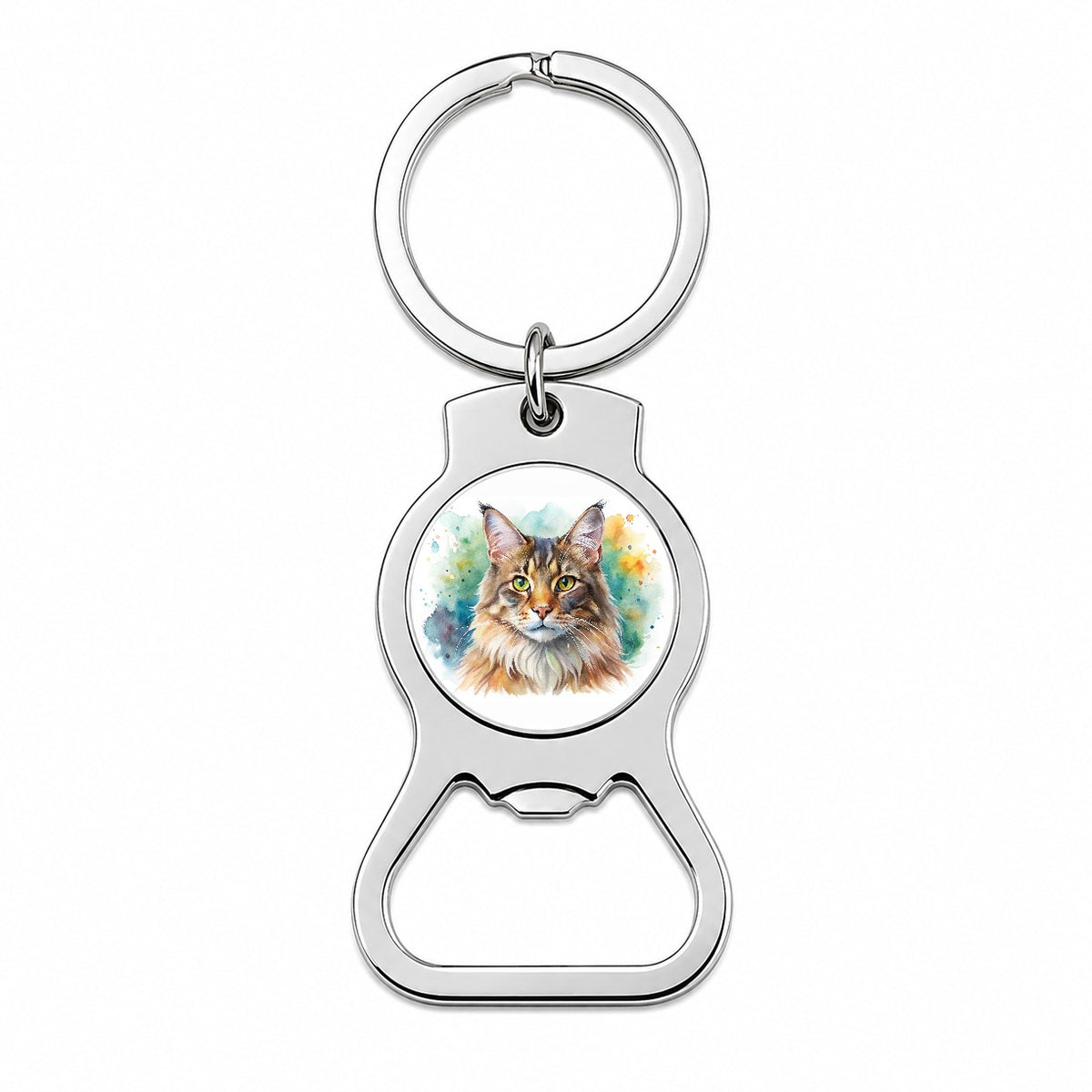 Maine Coon Cat Watercolor Style Bottle Opener Keychain