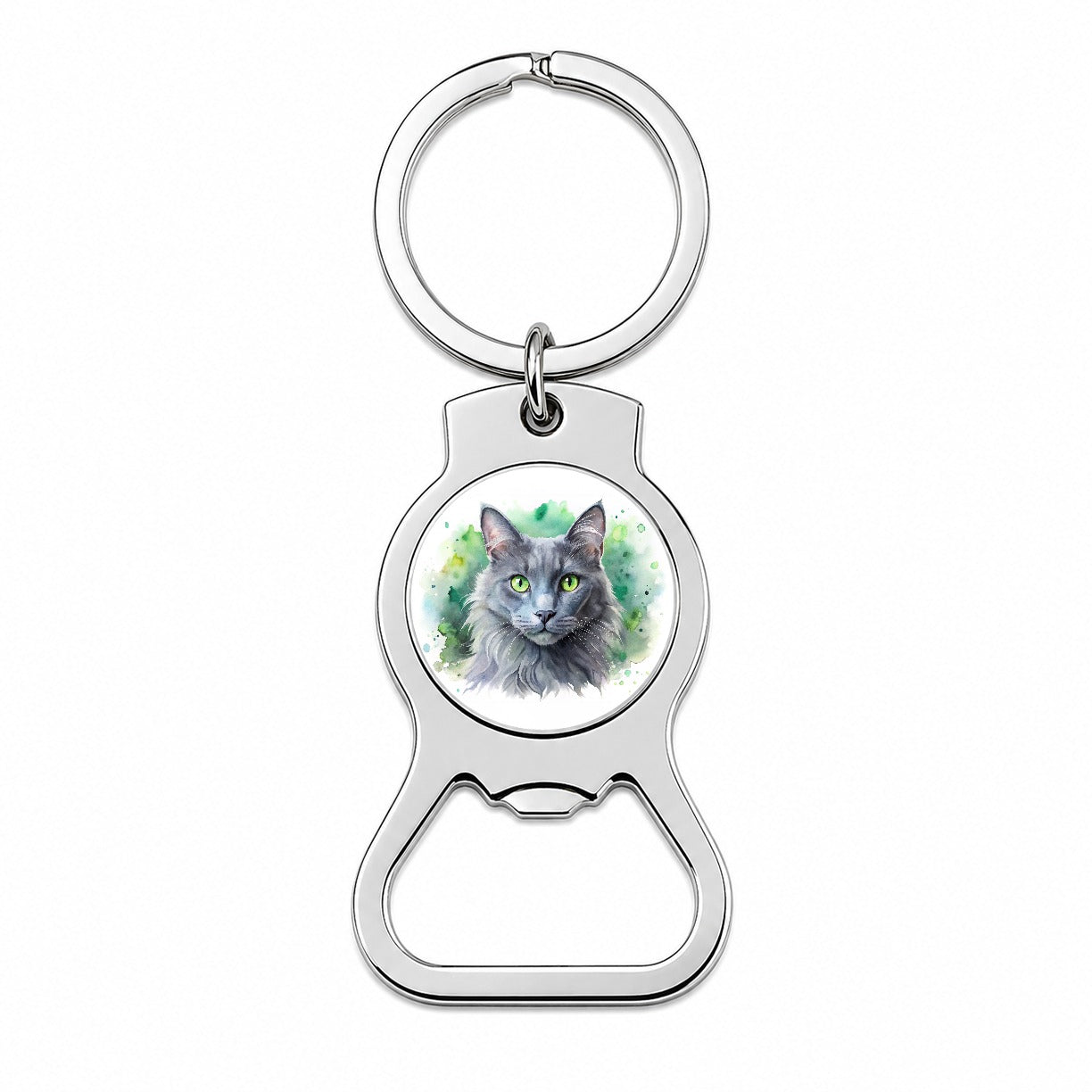 Nebelung Cat With Green Eyes Watercolor Style Bottle Opener Keychain
