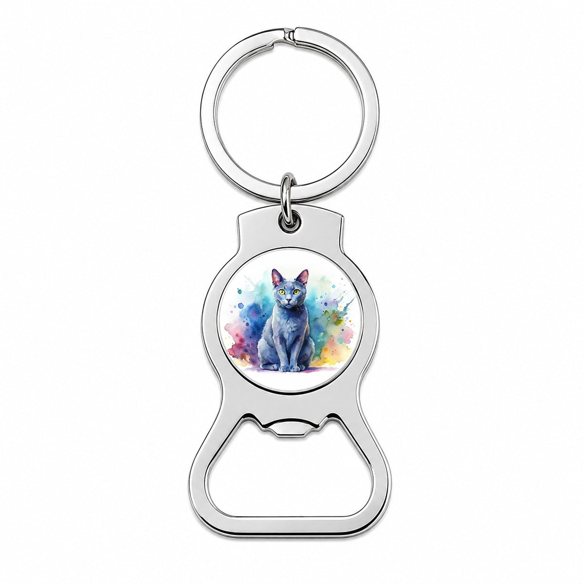 Russian Blue Cat Watercolor Style Bottle Opener Keychain